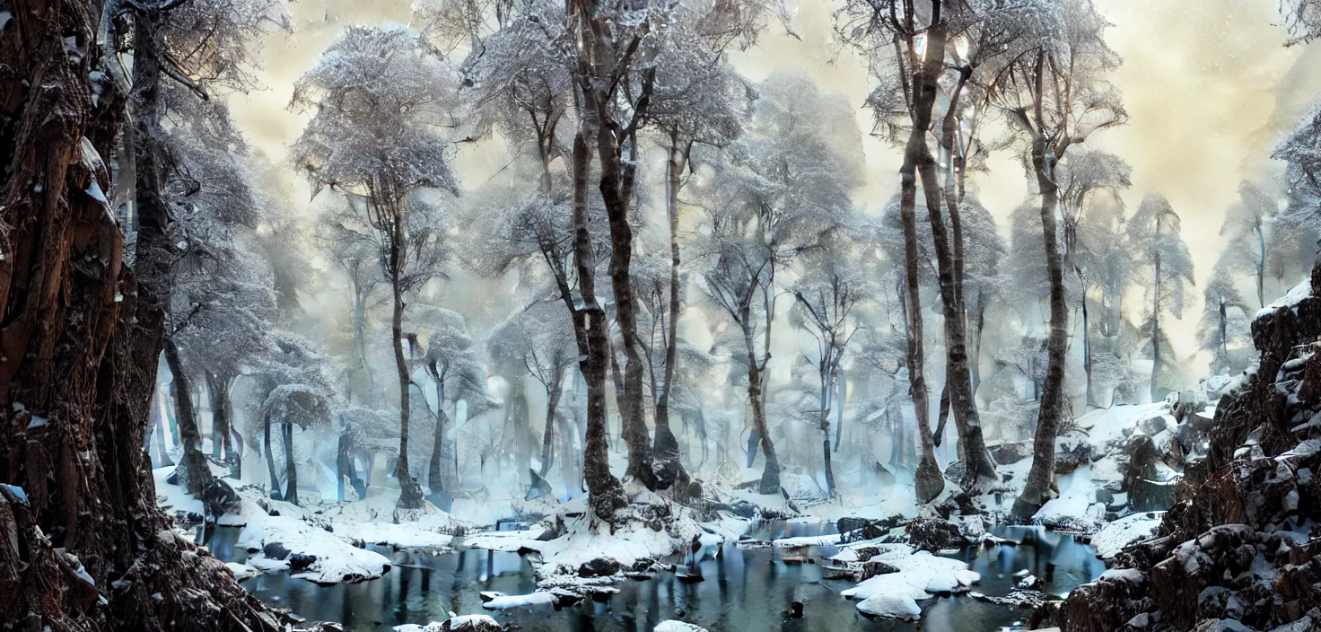 Image similar to the most beautiful panoramic landscape, oil painting, where a giant dreamy waterfall is frozen, the trees around have snow over their leafs, by greg rutkowski