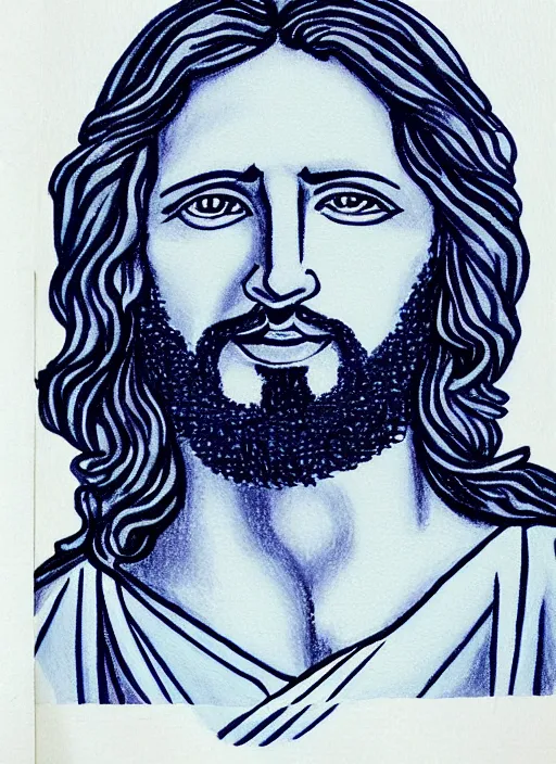 Image similar to painting of jesus drawn with blue pen on checkered notebook sheets,