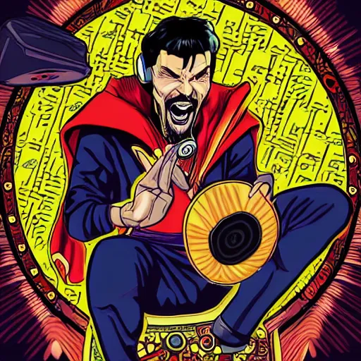 Image similar to artgerm, psychedelic laughing cybertronic dr. strange, rocking out, headphones dj rave, digital artwork, r. crumb, svg vector