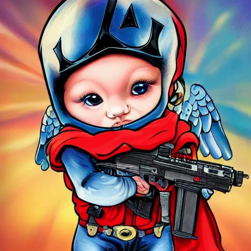 Image similar to A baby Cherub angel, wearing a ski mask, holding an ak47, marvel comics, dark, intricate, highly detailed, smooth, artstation, digital illustration by Mark Bagley and Adam Kubert