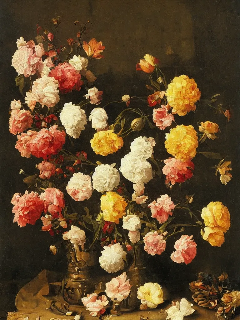 Image similar to painting, Dutch style, old masters, still life with flowers,