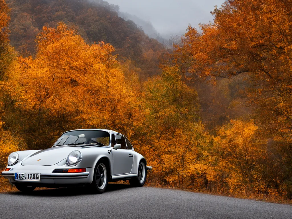 Prompt: a porsche singer with lights on a mountain road, autumn leaves, motion blur, 3 5 mm photography, car photography, clean lines, realistic