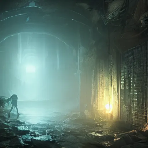 Image similar to a man horrified in a dark dingy basement filled with monsters of unknown power, volumetric lighting, 8 k octane beautifully detailed render, post - processing, extremely hyper - detailed, intricate, epic composition, cinematic lighting, masterpiece, trending on artstation, detailed detailed detailed, masterpiece, beautiful cinematic light,