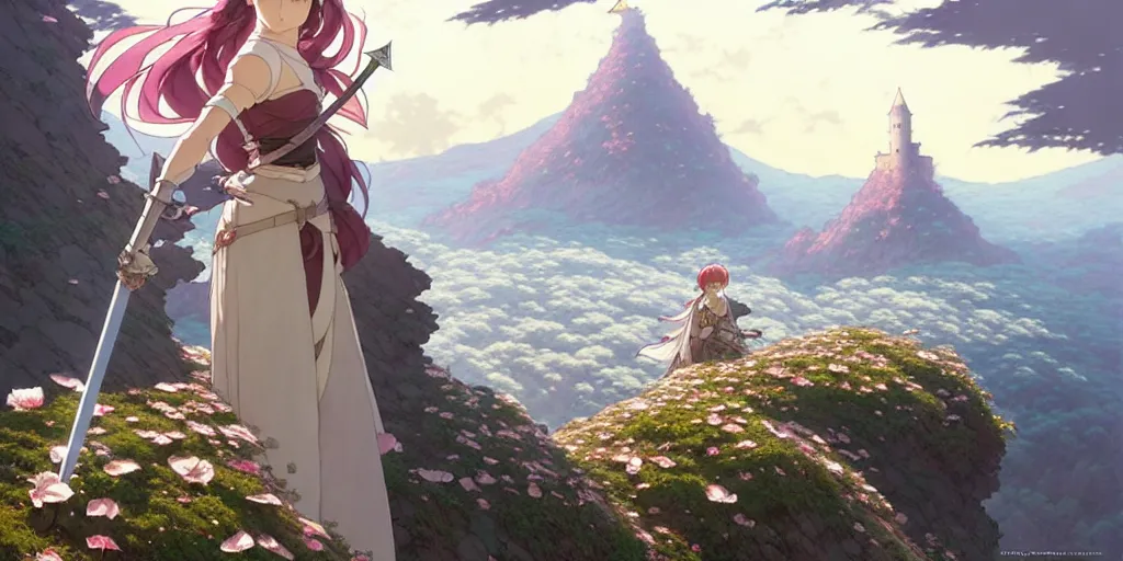 Image similar to the knight and the sword of rose petal, anime, castle core, mountains, rocky roads. by hayao miyazaki and rossdraws and artgerm and greg rutkowski and alphonse mucha and studio ghibli. high quality, stunning, intricate detailed environment. 8 k