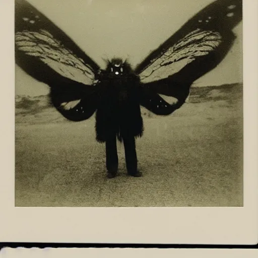 Prompt: real photograph of Mothman, taken on Polaroid