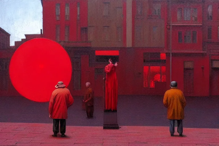 Image similar to only with red, a red old man try to sell a portrait, a crowd cheering, in a city square, in the style of beksinski, parts by edward hopper, parts by rodcenko, parts by yue minjun, intricate and epic composition, red by caravaggio, insanely quality, highly detailed, masterpiece, red light, artstation, 4 k