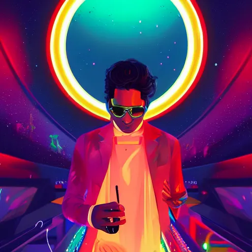 Image similar to night fever, a dj creating illegal disco music, digital painting, artstation, ristan eaton, victo ngai, artgerm, rhads, ross draws, anime styled, hd, 4 k