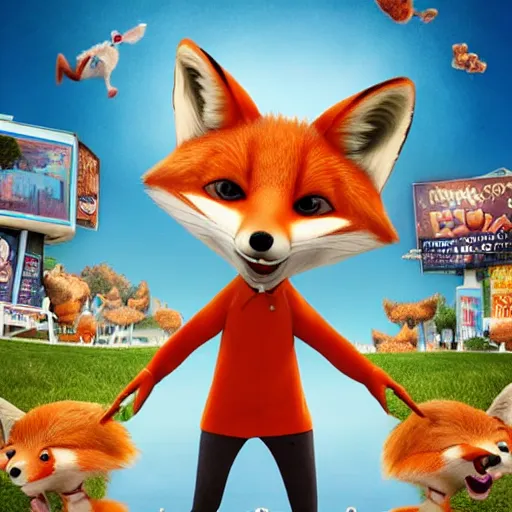 Image similar to animated 3D movie poster featuring an anthropomorphic fox wearing a casual outfit, a lot of fried chicken in the background, promotional media