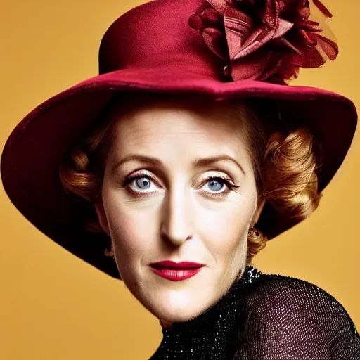 Image similar to photo of a gorgeous Gillian Anderson wearing a 1920s hat by Mario Testino, detailed, head shot, award winning, Sony a7R