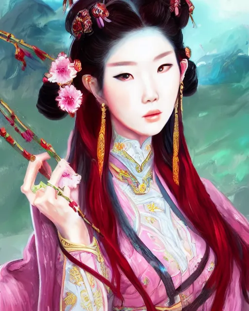 Image similar to taeyeon as diao chan from romance of three kingdoms in the paintetly style of WLOP, artgerm, brush stroke oil painting, imagine fx, artstation