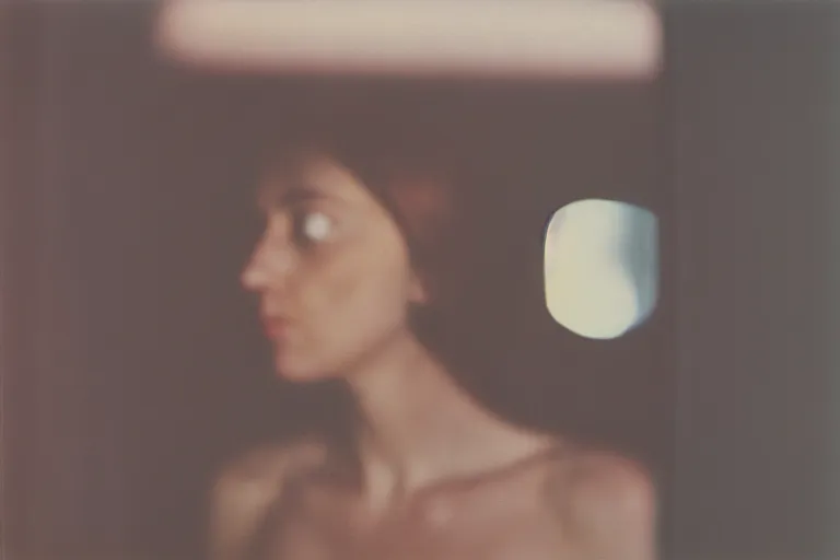 Image similar to close-up color film photography 1970s, woman standing near mirror, soft light, 35mm, film photo, Joel Meyerowitz