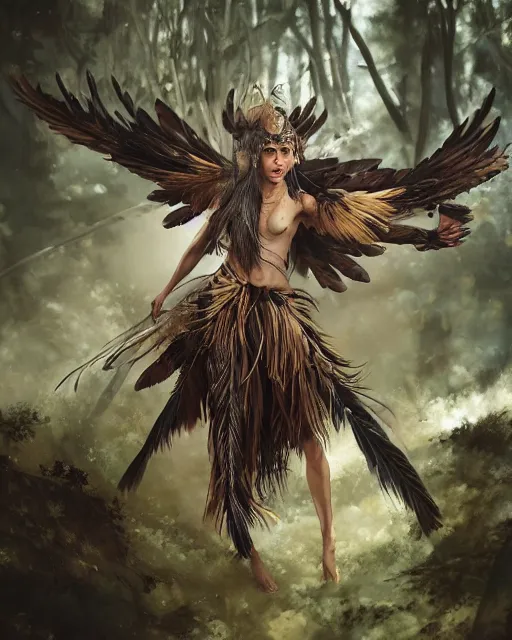 Prompt: a female anthropomorphic eagle warrior. She has two wings on her back. She is covered in feathers, wearing full body tribal feather clothing. Forest, clearing. Full shot, wings are focus. Atmospheric lighting, By Makoto Shinkai, Stanley Artgerm Lau, WLOP, Rossdraws, James Jean, Andrei Riabovitchev, Marc Simonetti, krenz cushart, Sakimichan, D&D trending on ArtStation, digital art.