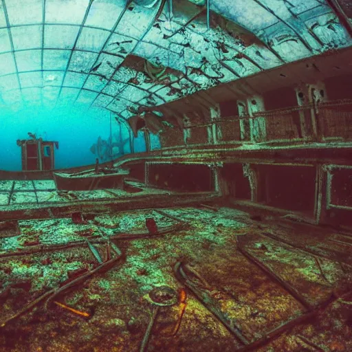 Prompt: abandoned rusty underwater theme park, surreal, horror, eerie, creepy, murky water, underwater, underwater photography, dark, submechanophobia, open ocean, fish swimming in distance