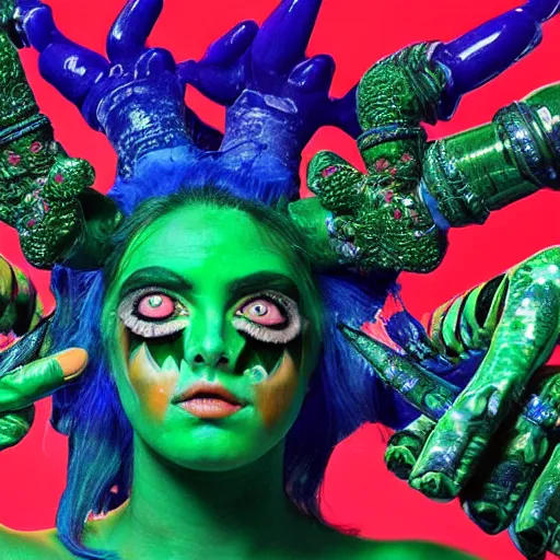 Prompt: green haired woman with bullhorns coming out of her head, six arms, hyperdetailed legs, Egyptian makeup, psychedelic clothing