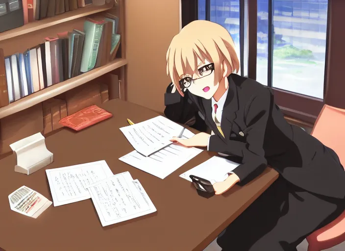 Image similar to secretary doing paperwork in her office, anime fantasy illustration by tomoyuki yamasaki, kyoto studio, madhouse, ufotable, trending on artstation