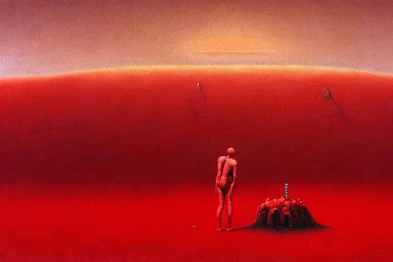 Image similar to only with red, red god of death eat apple, a futuristic city on mars in the background, red worms on the floor, in the style of beksinski, part by hopper, part by rodcenko, part by hofbauer, intricate composition, red by caravaggio, insanely quality, highly detailed, masterpiece, red light, artstation, 8 k