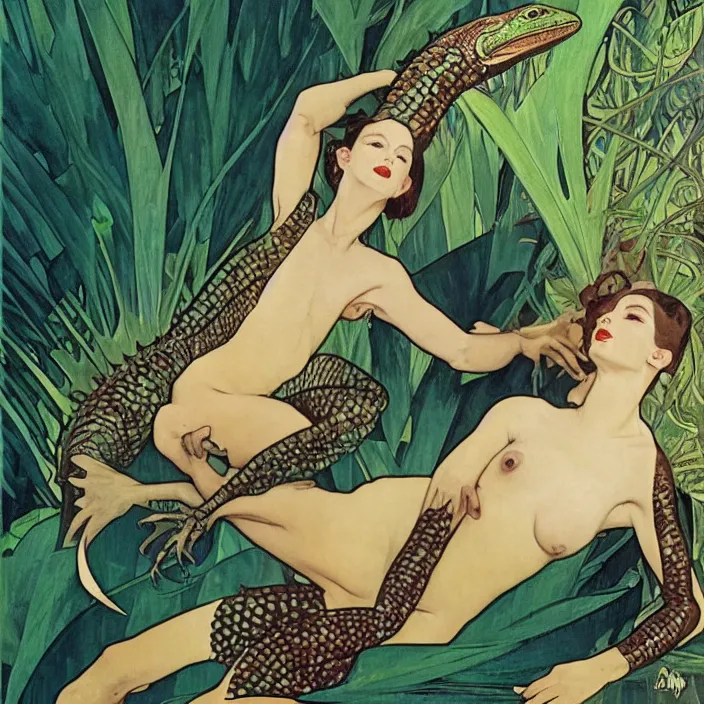 Image similar to the queen of lizards, full body, high fashion, latex, tropical, sharp, flowing, slick, highly detailed, motion, concept art, smooth, sharp focus, hd, art by alphonse mucha and matisse and annie leibovitz