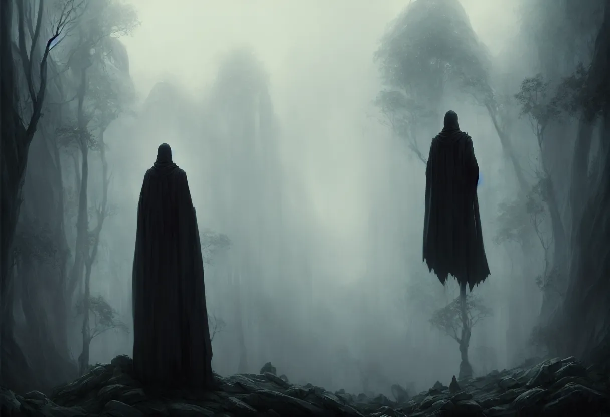 Image similar to beautiful render of a fairytale, man in cloak, ultra high definition, ultra detailed, symmetry, fog, matte painting, by greg rutkowski and ross tran and wlop