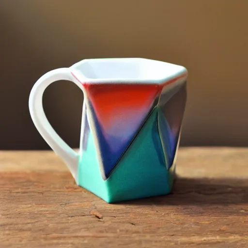 Image similar to brightly colored icosahedron triangle ceramic mug with iridescent glaze