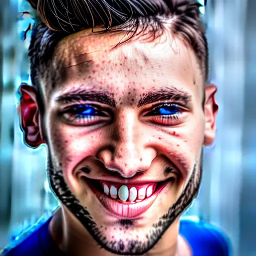 Image similar to a photographic portrait of a young Caucasian man smiling with short brown hair that sticks up in the front, blue eyes, groomed eyebrows, tapered hairline, sharp jawline, wearing a volleyball jersey, sigma 85mm f/1.4, 15mm, 35mm, 4k, high resolution, 4k, 8k, hd, full color