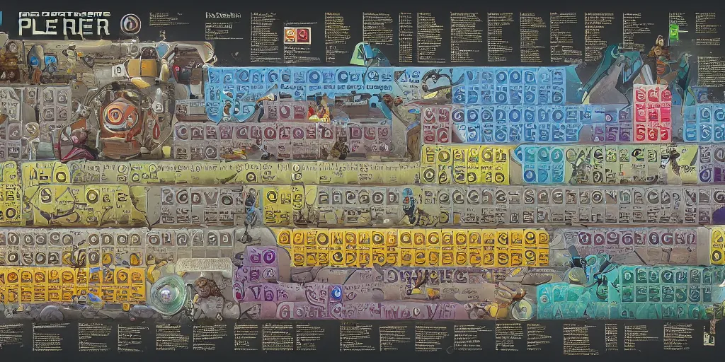 Image similar to Poster of a crazy periodic table from a different universe in the style of portal2, digital art, astonishing great details, award winning, high res