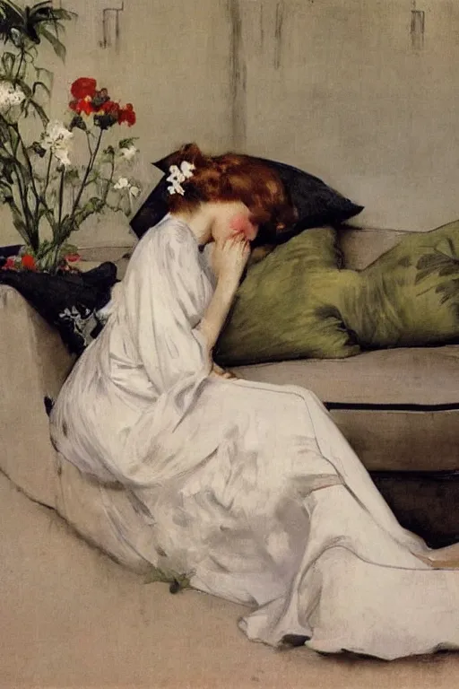 Image similar to european woman in a gown relaxing on couch, bloom flowers, modern, eclectic, illustration, by ramon casas