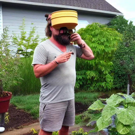 Prompt: a real life photo of Crazey Dave in Neighborville wearing a pot on his head and watering his plants at the golden hour
