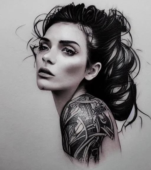 Image similar to tattoo design sketch of an extremely beautiful woman face next to a faded background of beautiful mountains on her side, hyper - realistic, double exposure effect, in the style of den yakovlev, amazing detail, black and white, faded