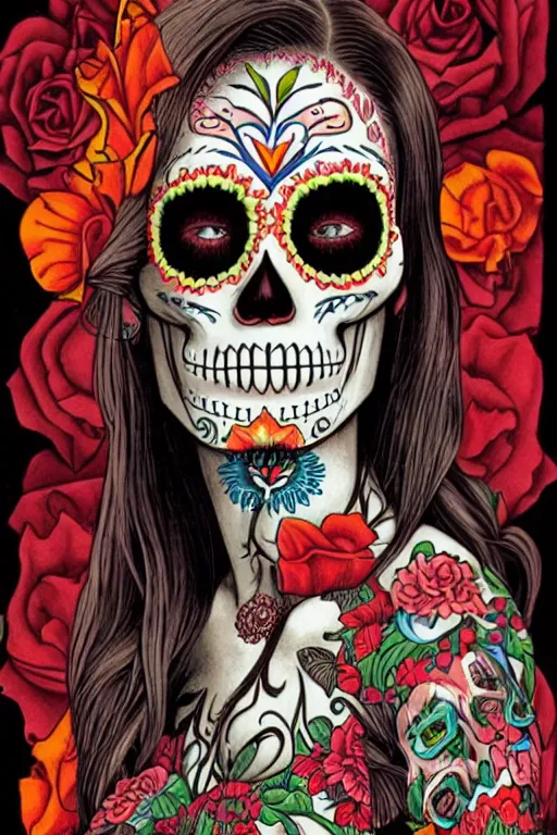 Image similar to Illustration of a sugar skull day of the dead girl, art by clyde caldwell