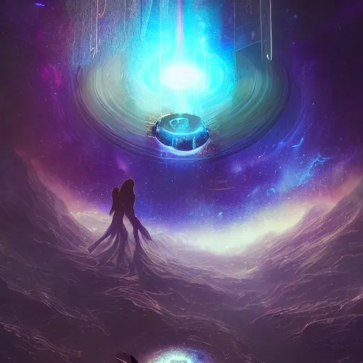 Image similar to a cosmic portal in space that leads to a beautiful world, au naturel, hyper detailed, digital art, trending in artstation, cinematic lighting, studio quality, smooth render, unreal engine 5 rendered, octane rendered, art style by klimt and nixeu and ian sprigger and wlop and krenz cushart