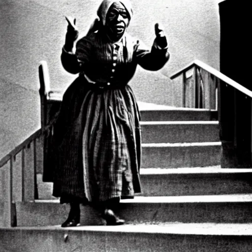 Prompt: Historical photograph of Harriet Tubman doing the Joker dance down a set of stairs