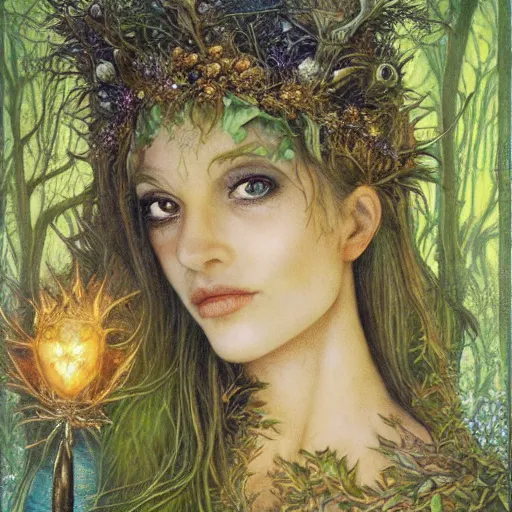 Image similar to fey queen of the summer forest, dress of leaves, fine features, holding a golden scepter, thin, young, silver shimmering hair, by brian froud, dusk scene, night colors, oil on canvas, oil panting