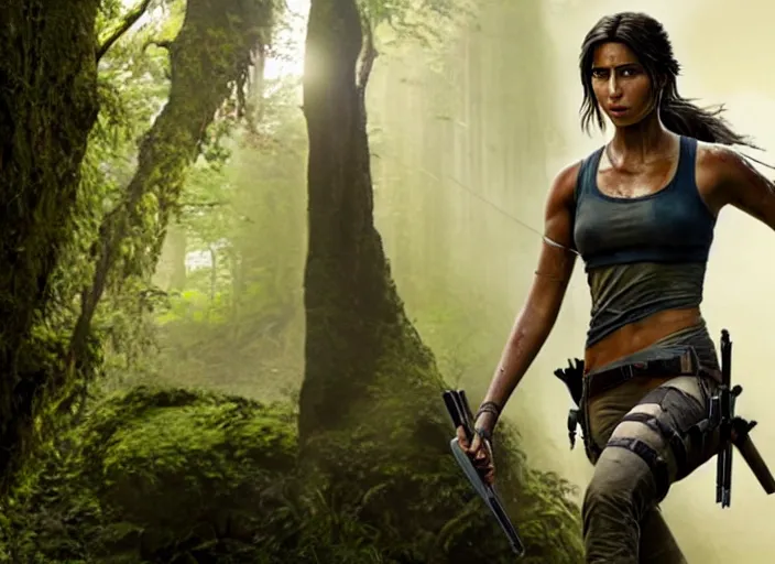 Prompt: film still of!!!! naomi scott!!! as lara croft in new tomb raider movie, 8 k