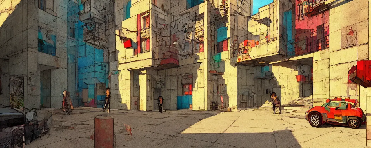 Image similar to neo brutralism, concrete housing, an archway, concept art, colorful, vivid colors, sunshine, light, shadows, reflections, oilpainting, cinematic, 3D, in the style of Akihiko Yoshida and Edward Hopper