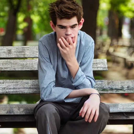 Image similar to photo of sad teenage andrew garfield sitting on a bench in a park, two sticks near bench, wearing shirt and trousers, street of moscow, shallow depth of field, cinematic, 8 0 mm, f 1. 8