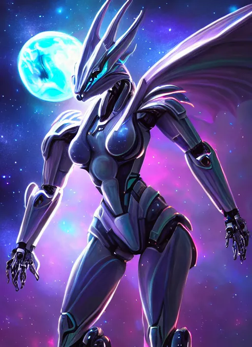 Prompt: cinematic goddess shot, cosmic sized perfectly proportioned stunning beautiful hot anthropomorphic robot mecha female dragon, in space, nebula background, larger than galaxies, holding galaxy, sharp claws, sleek silver armor, epic proportions, epic size, epic scale, digital art, furry art, macro art, dragon art, giantess art, warframe fanart, furaffinity, deviantart