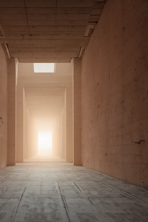 Prompt: inside a tall vetical room, convoluted halls, complex ceiling, cables hanging, monolithic, open architecture, dust cloud enter through giant open windows, high winds, concrete pillars, ancient sci - fi elements, on an alien planet, sun is blocked by dust, pale orange colors, cinematographic wide angle shot, f / 2 4, motion blur