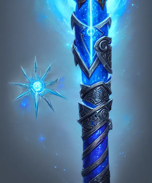 Image similar to bright weapon of warcraft blizzard wizard staff art, a spiral magical wizard staff. bright art masterpiece artstation. 8k, sharp high quality illustration in style of Jose Daniel Cabrera Pena and Leonid Kozienko, blue colored theme, concept art by Tooth Wu,