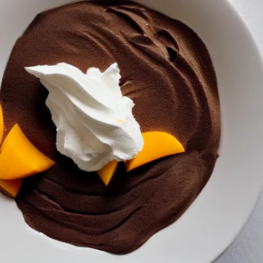 Image similar to a bald eagle made of chocolate powder, mango, and whipped cream