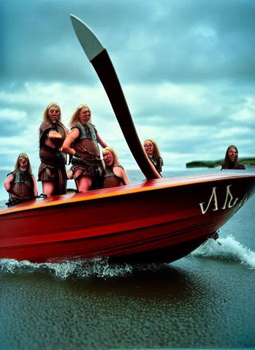 Image similar to photo of viking women in speed boats invading scottland, hyperrealism, fujifilm velvia 5 0