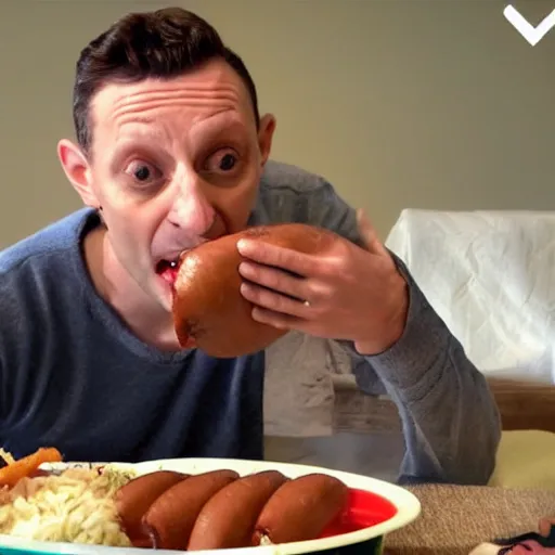 Image similar to Tim Robinson eating a hotdog bowl, like a burrito bowl but with little bits of chopped up hotdog in it