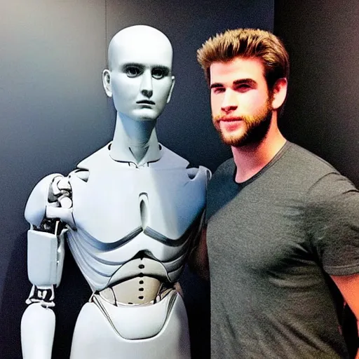 Image similar to “a realistic detailed photo of a guy who is an attractive humanoid who is half robot and half humanoid, who is a male android, actor Liam Hemsworth, shiny skin, posing like a statue, blank stare, at the museum, on display”