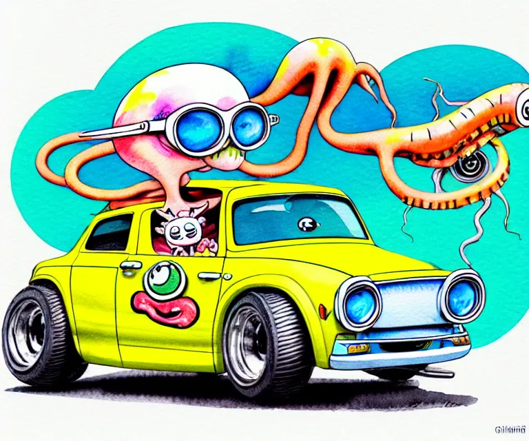 Image similar to cute and funny, cartoon squid wearing goggles riding in a tiny hot rod with oversized engine, ratfink style by ed roth, centered award winning watercolor pen illustration, isometric illustration by chihiro iwasaki, edited by range murata, tiny details by artgerm and watercolor girl, symmetrically isometrically centered