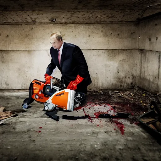 Image similar to putin with a chainsaw and a corpse. in a concrete bunker. focus on putins face with blood splatters. canon eos r 3, f / 1. 4, iso 1 6 0 0, 1 / 8 0 s, 8 k, raw, grainy