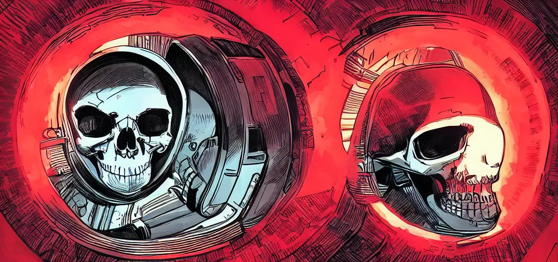 Prompt: “a skull inside a capsule radiating red light in a spacecraft, inside a dark room, in the graphic style of Patrick Gleason, detailed art, artstation, comic art ”