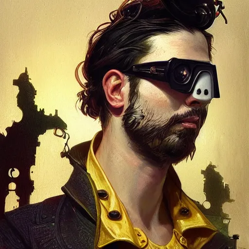 Prompt: an inventor, steampunk goggles, thin beard, messy black hair, d & d, solid yellow background, fantasy, intricate, cinematic lighting, highly detailed, digital painting, artstation, concept art, smooth, sharp focus, illustration, art by artgerm and greg rutkowski and alphonse mucha