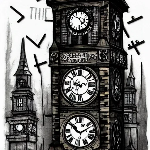 Prompt: a clock tower, steampunk style, ink style