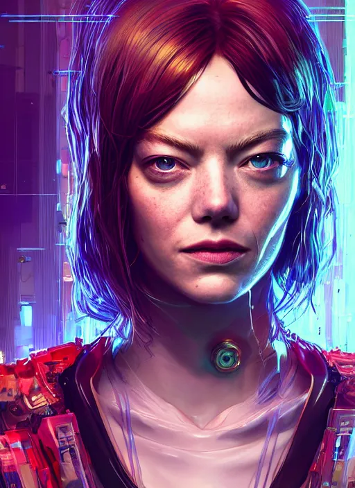 Prompt: Cyberpunk portrait of Emma Stone, au naturel, hyper detailed, digital art, trending in artstation, cinematic lighting, studio quality, smooth render, unreal engine 5 rendered, octane rendered, art style by klimt and nixeu and ian sprigger and wlop and krenz cushart