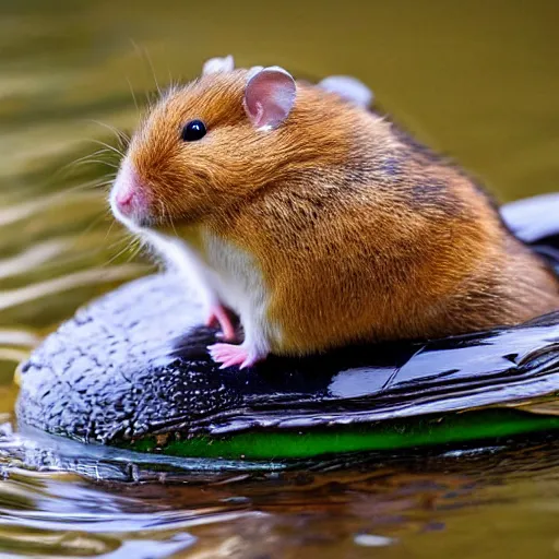 Image similar to a hamster riding a duck, wildlife photography-g