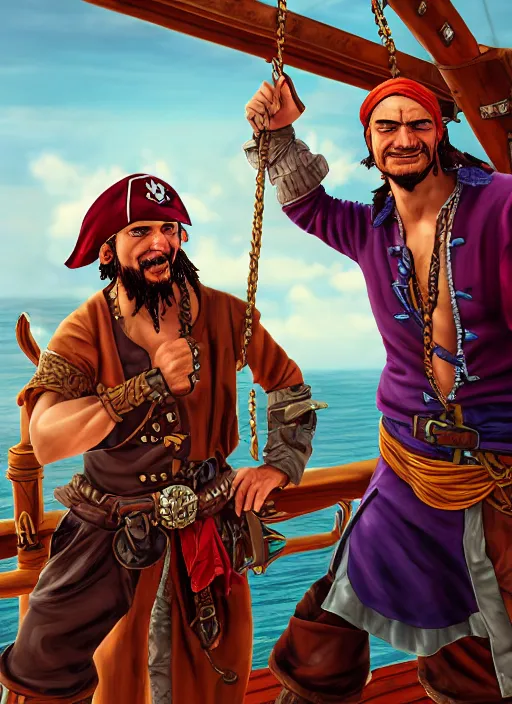 Image similar to an epic fantasy comic book style portrait painting of two bumbling idiot one - piece pirates on the deck of a skyship looking at a chest, unreal 5, daz, hyperrealistic, octane render, cosplay, rpg portrait, dynamic lighting, very detailed faces